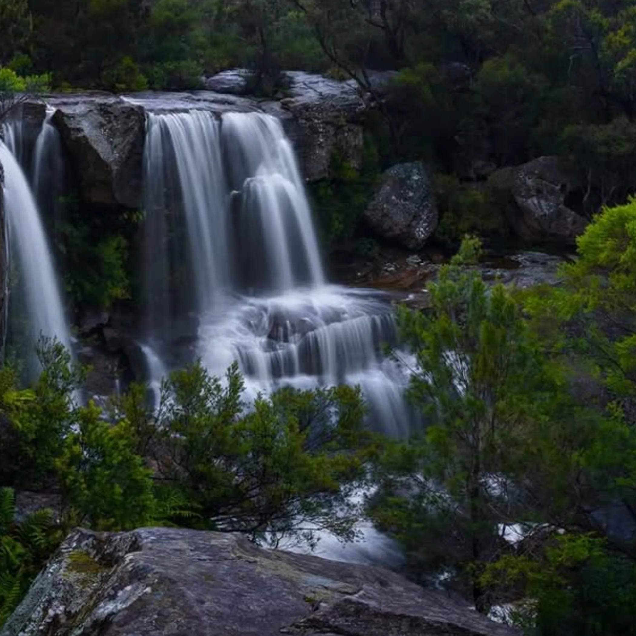 waterfall in forested mountains