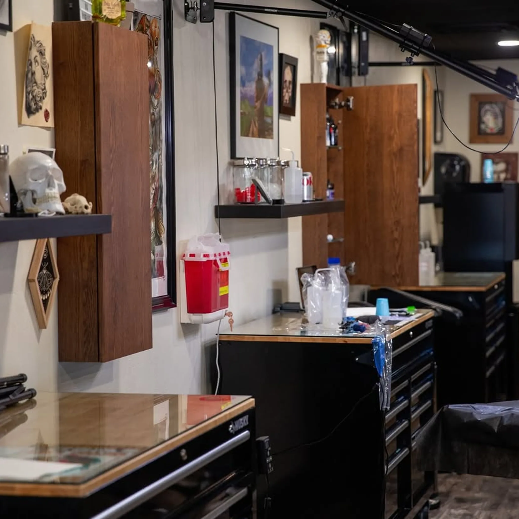 well-lit tattoo shop interior